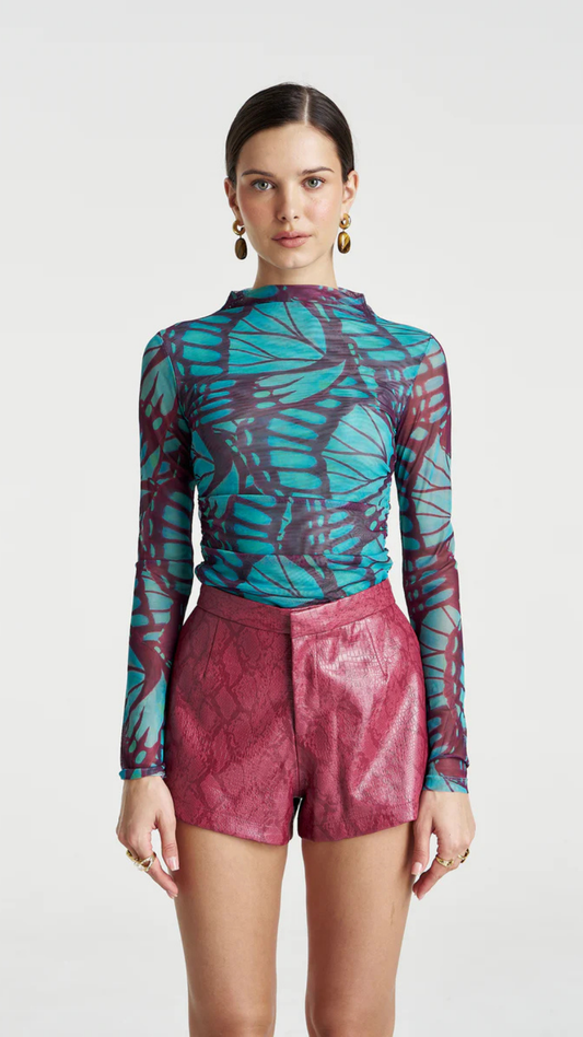 MESH LS ROUCHED SKIVVY-JADE BUTTERFLY