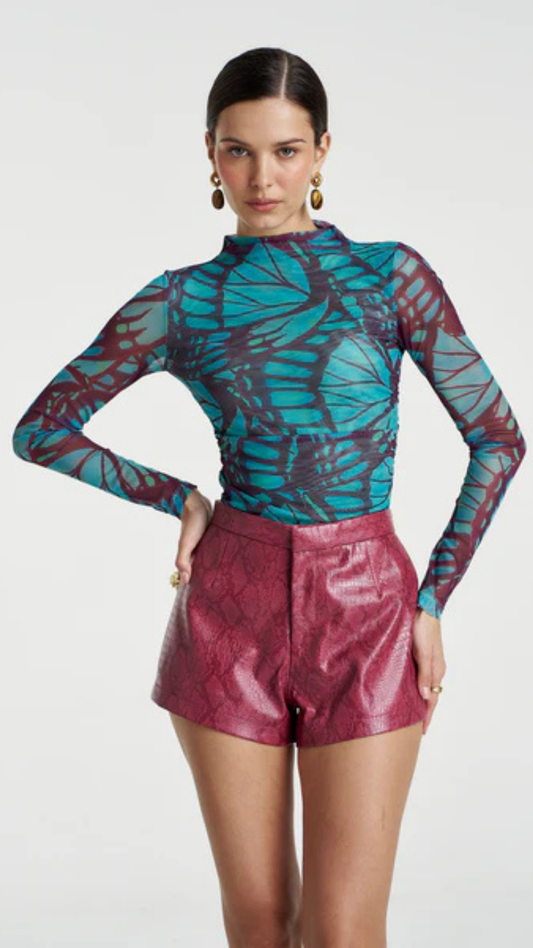 MESH LS ROUCHED SKIVVY-JADE BUTTERFLY