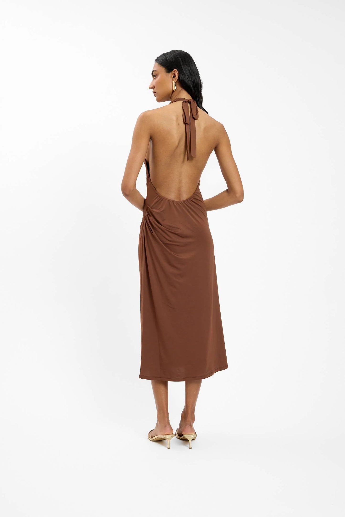 Pleated Backless Halter Dress Cafe
