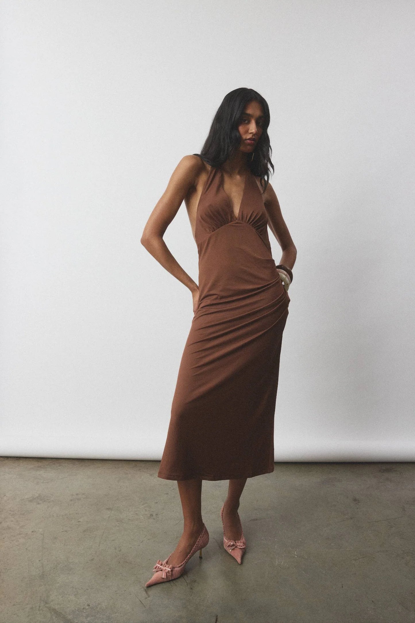 Pleated Backless Halter Dress Cafe