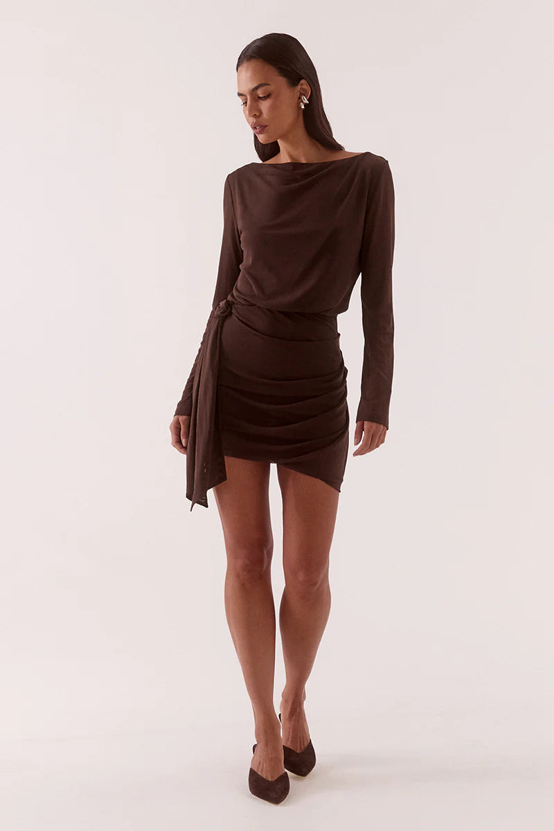 MYRIAD DRAPE MINI DRESS - RUM RAISIN
