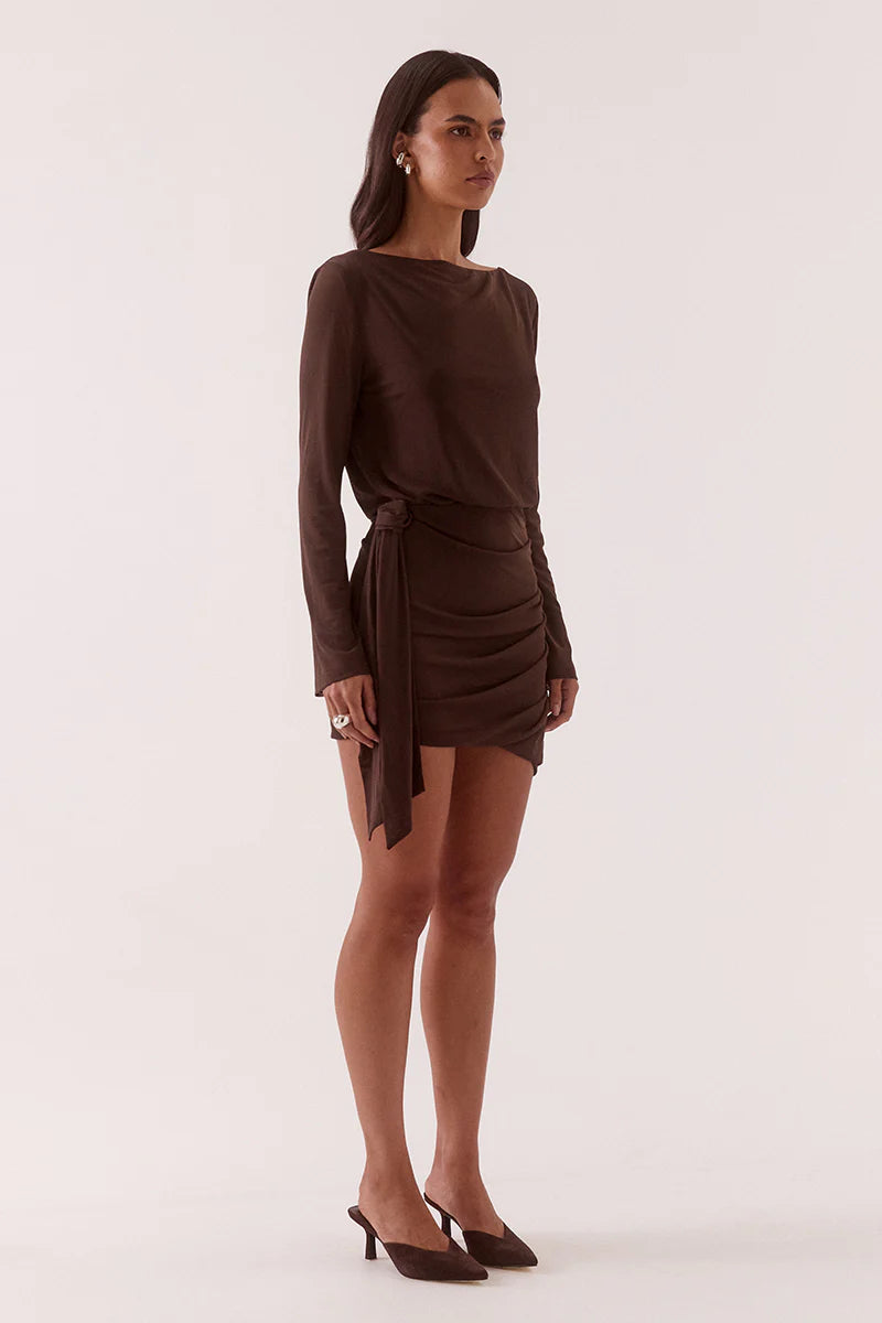 MYRIAD DRAPE MINI DRESS - RUM RAISIN