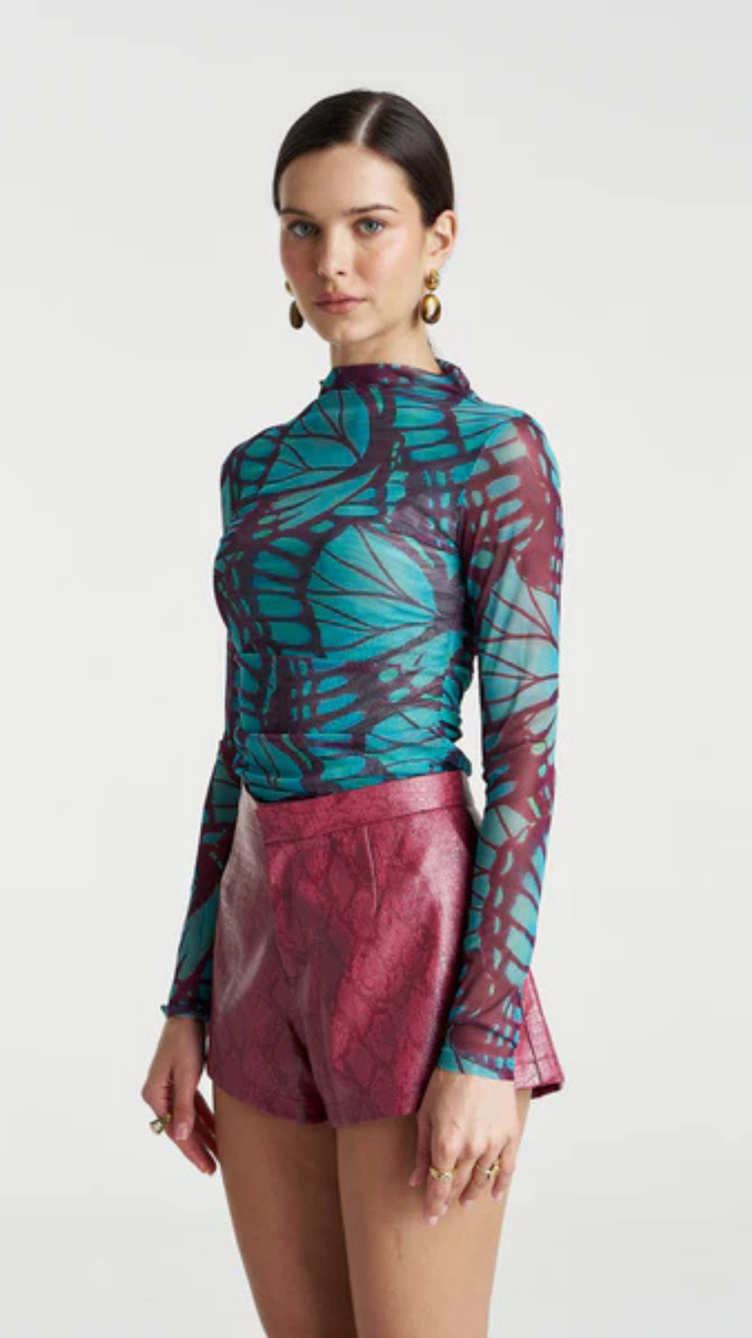 MESH LS ROUCHED SKIVVY-JADE BUTTERFLY